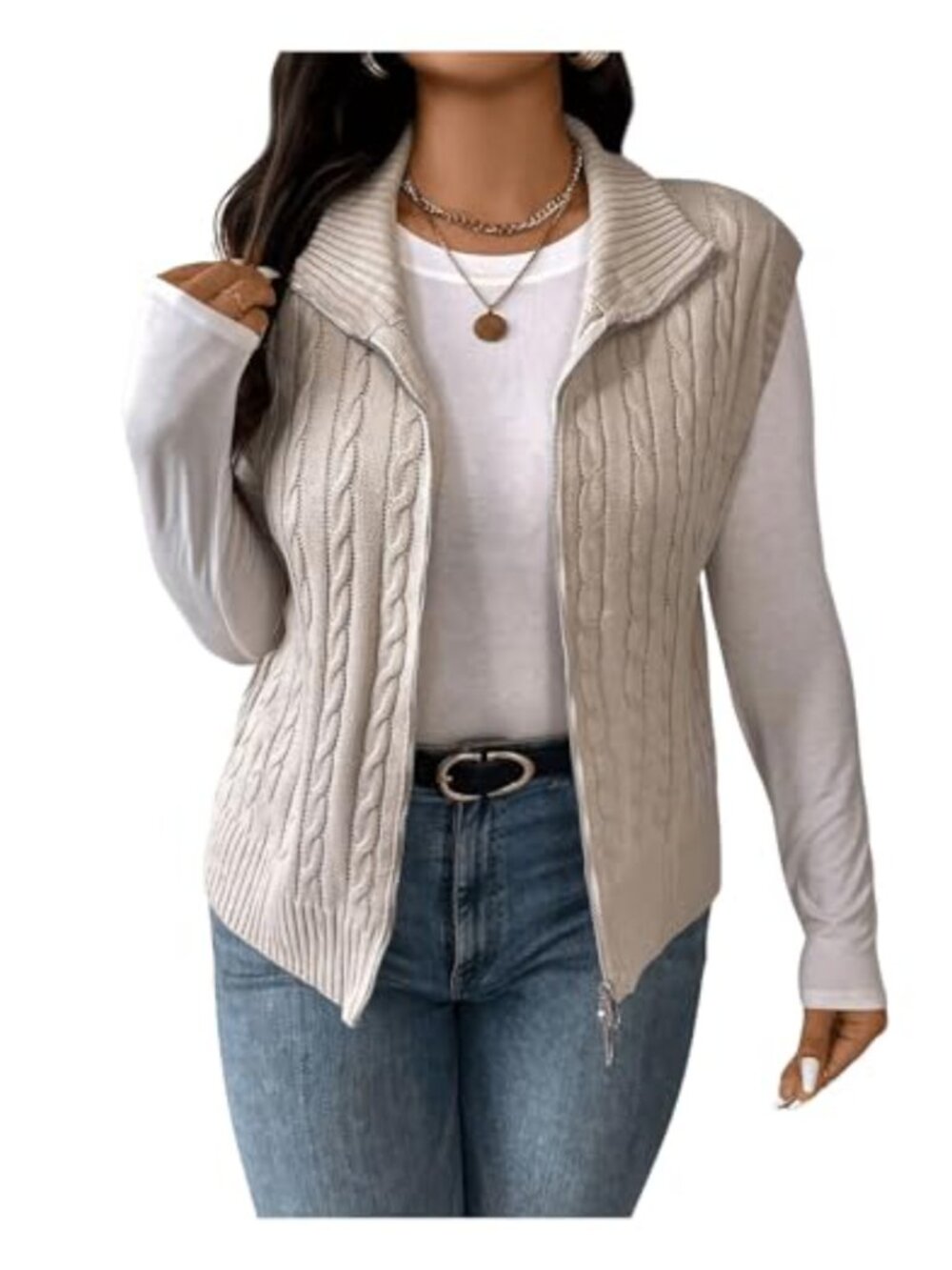Plus Size Mock Neck Zip Up Cable Knit Sweater Vest Sleeveless Cardigan